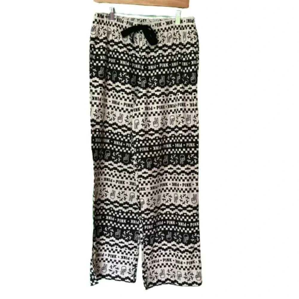 Victoria's Secret PINK Black & Cream Geometric Pattern Pajama Set,‎ Medium